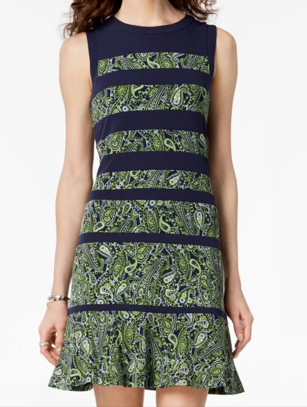 Michael Kors Navy and Lime Green Paisley Stripe Sleeveless Dress